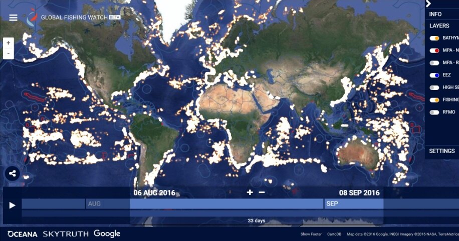 Интерактивная карта Земли, с помощью которой можно наблюдать за 35 000 рыболовных судов